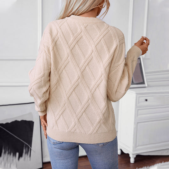 Damen nan grobstrukturierter Strickpullover mit großem Rautenmuster, geripptem Saum und Rundhalsausschnitt Shop Nory