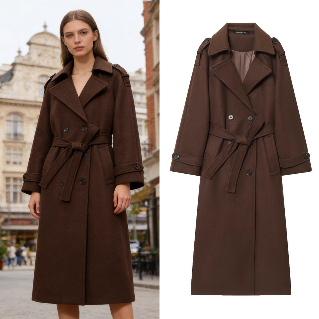 Damen Langer zweireihiger Wollmantel mit Taillengürtel und Schulterklappen Shop Nory