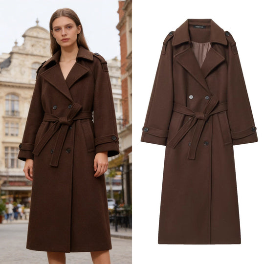 Damen Langer zweireihiger Wollmantel mit Taillengürtel und Schulterklappen Shop Nory
