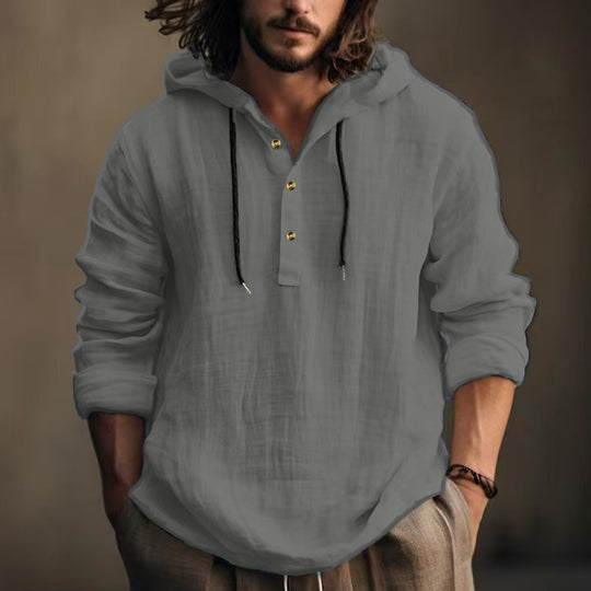 Herren nan leichtes Kapuzen-Henley Leinenhemd mit Knopfleiste und Kordelzug Shop Nory