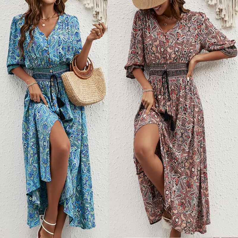Damen Maxikleid mit abnehmbarem Taillengürtel und kunstvollem Muster