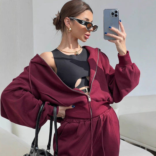Damen kurzes Kapuzen-Sweatjacke mit Balloonärmeln und elastischer High-Waist Palazzo-Freizeithose Shop Nory
