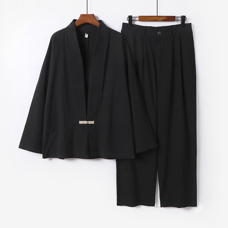 Damen Kimono-Lounge-Set aus leichtem Viskose-Leinen mit dekorativem Knebelverschluss und weiter Bundhose Shop Nory