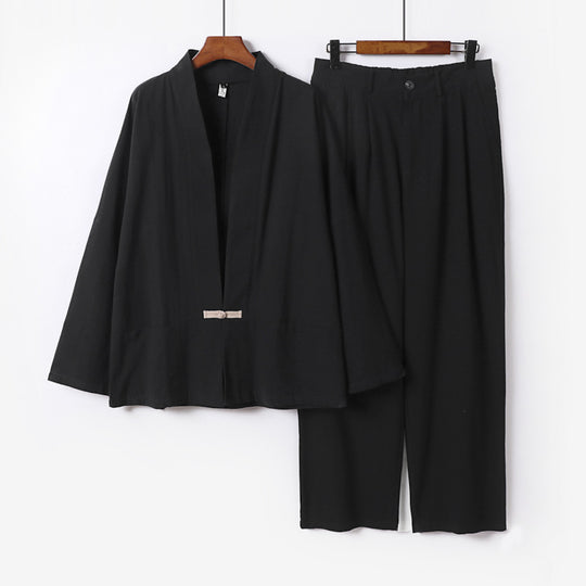 Damen Kimono-Lounge-Set aus leichtem Viskose-Leinen mit dekorativem Knebelverschluss und weiter Bundhose Shop Nory