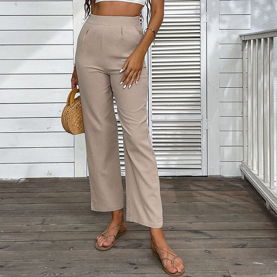 Damen Leichte Leinenoptik-Hose mit hoher Taille und geradem Bein Shop Nory