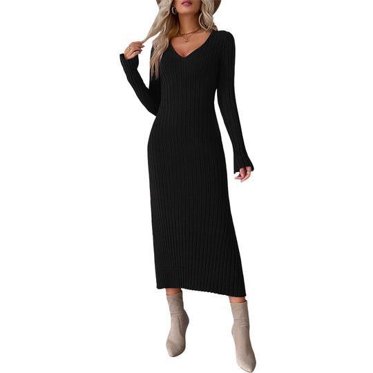 Damen nan tailliertes Rippstrick-Midikleid mit tiefem V-Ausschnitt, figurformender Nahtführung und langen Ärmeln Shop Nory