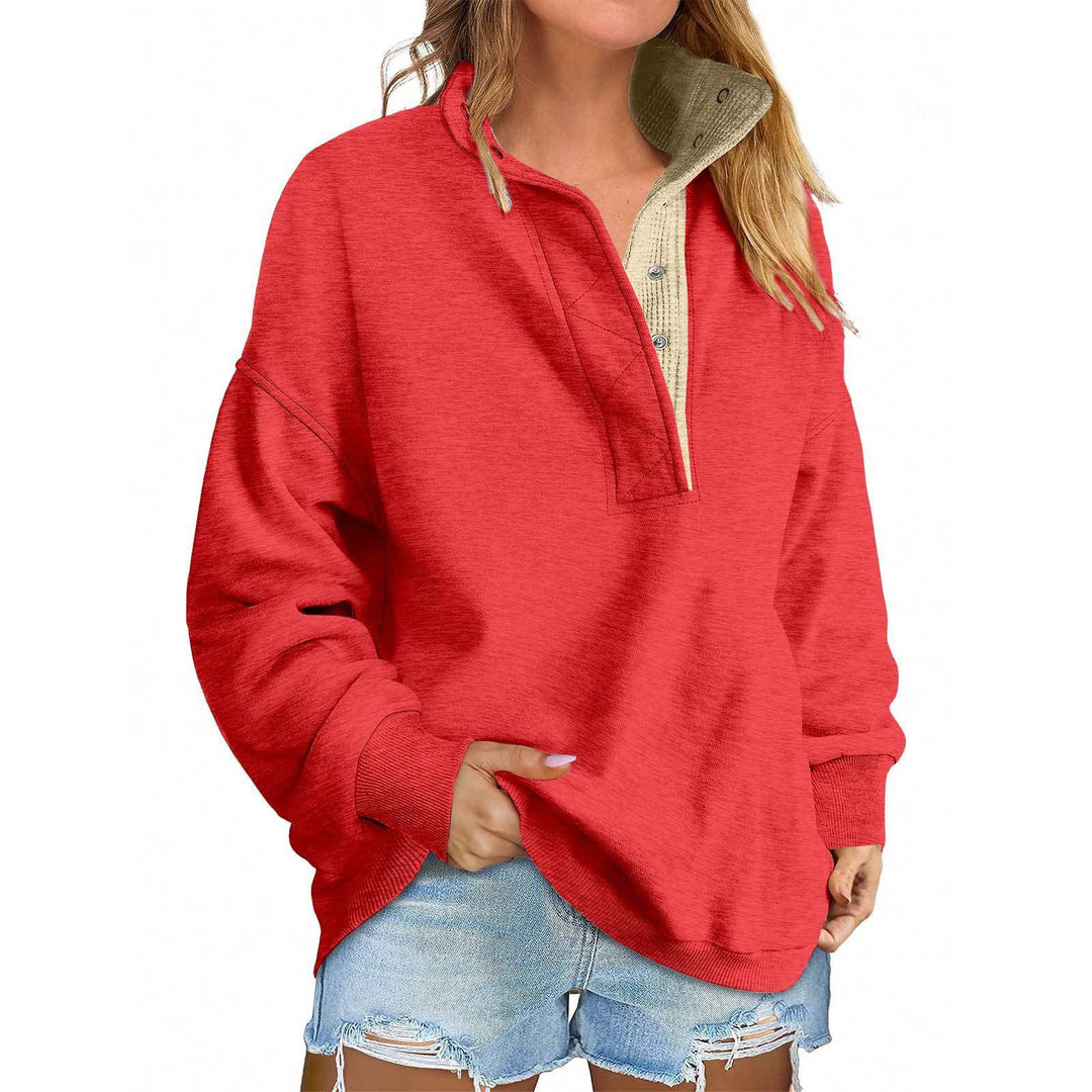 Damen Oversize-Henley-Sweatshirt mit Stehkragen und Druckknopfleiste Shop Nory
