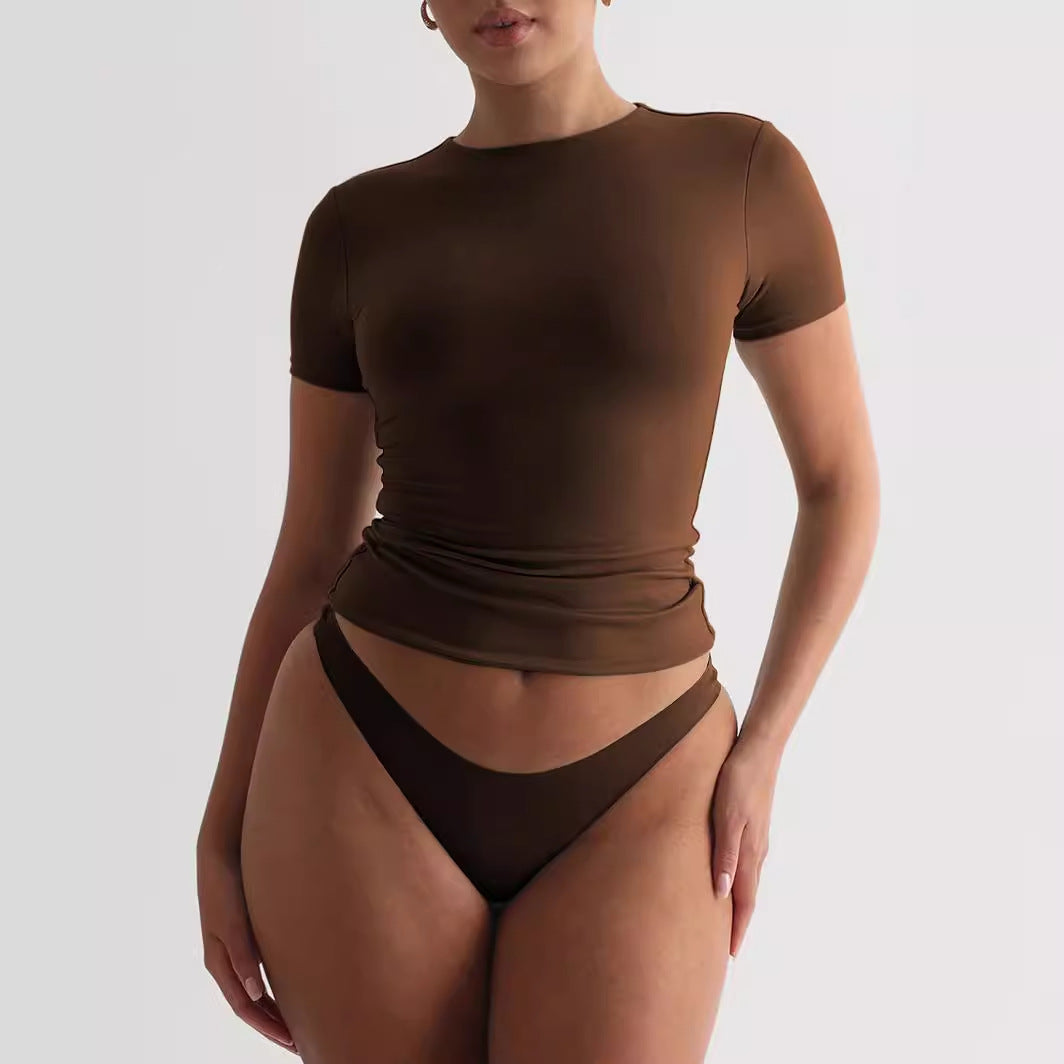 Damen figurbetontes T-Shirt mit Rundhalsausschnitt und kurzem Arm
