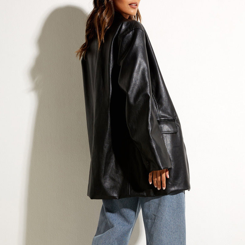 Damen Oversized Kunstleder Blazerjacke