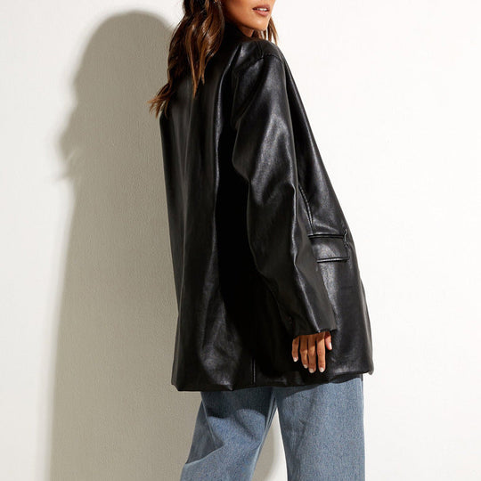 Damen Oversized Kunstleder Blazerjacke