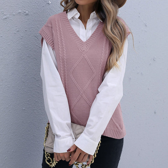 Damen Strick-Longweste mit Zopfmuster, V‑Ausschnitt und entspanntem Oversize-Schnitt Shop Nory