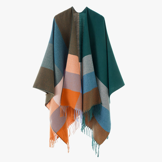 Damen Farbblock-Poncho aus Wollmix mit Fransensaum und asymmetrischem Schnitt Shop Nory