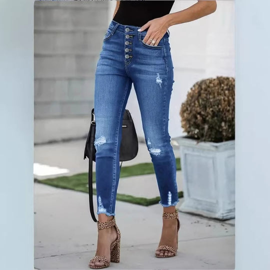 Damen Hochtaillierte Skinny-Jeans mit sichtbarer Knopfleiste, Destroyed-Kniepartien und rohem Knöchel-Saum Shop Nory