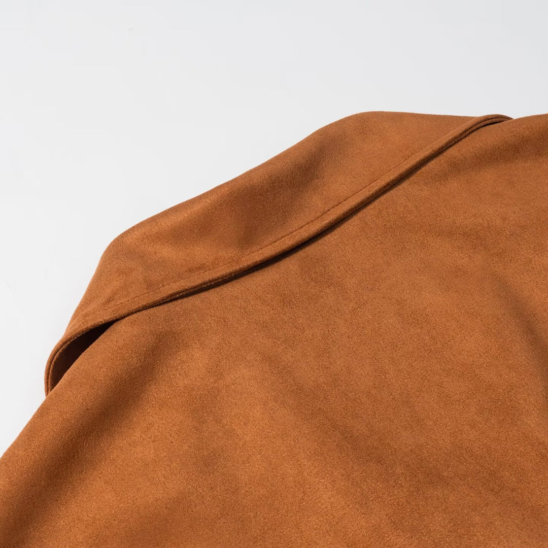 Damen Wildlederoptik Fransenjacke mit Oversized‑Schnitt, Taillengürtel und Statement‑Ärmeln Shop Nory