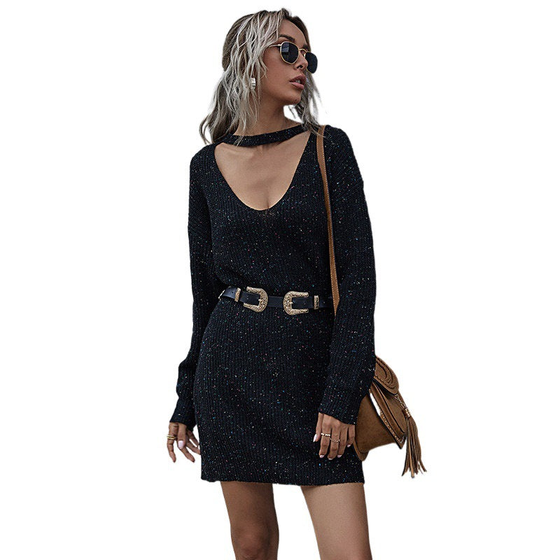 Damen Elegantes Strickkleid mit tiefem Ausschnitt und Gürtel Shop Nory