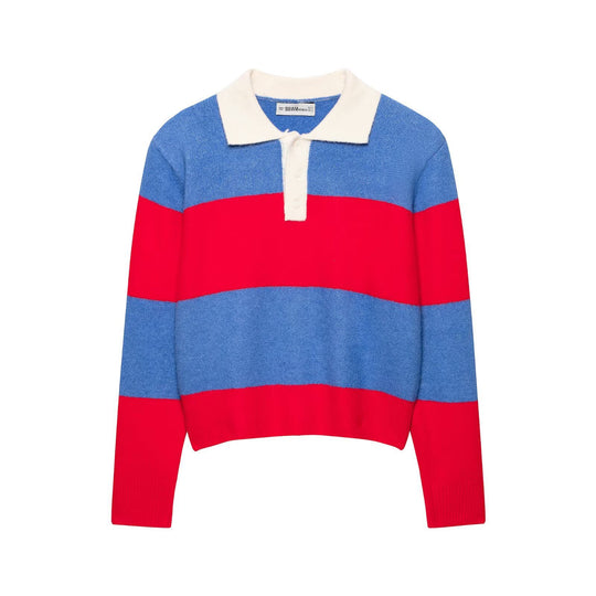 Damen Gestreifter Rugby-Pullover mit Polokragen und kurzem Schnitt Shop Nory