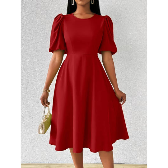 Damen Midi-Kleid mit Puffärmeln und schwingendem Saum