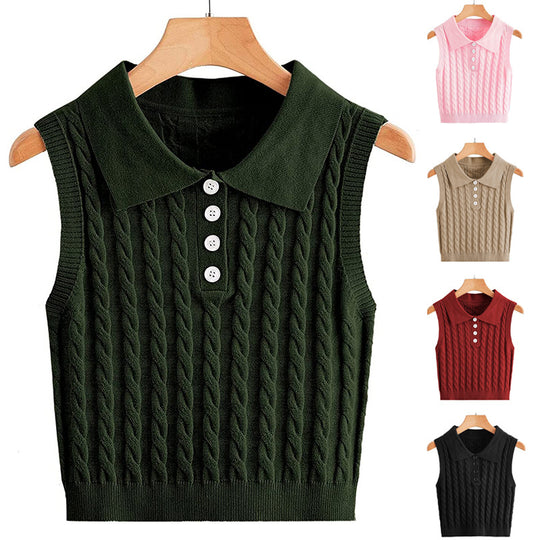 Damen Ärmellose Strickweste mit Polokragen und Zopfmuster Shop Nory