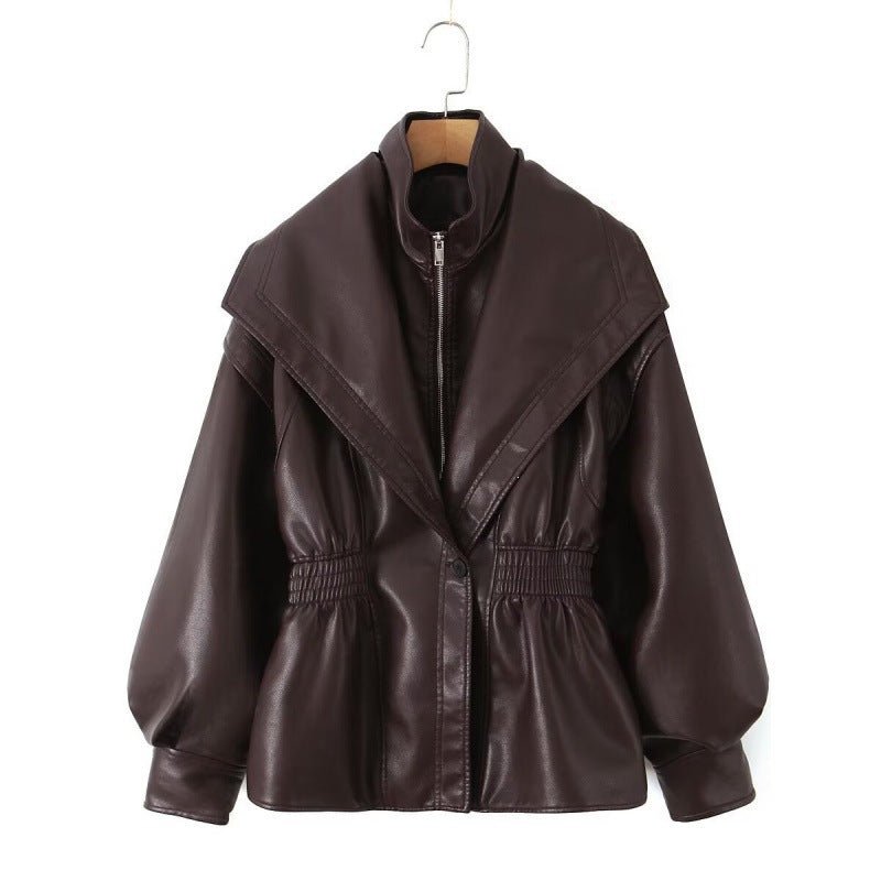 Damen Kunstlederjacke mit weitem Schalkragen und gerafftem Taillenbund Shop Nory