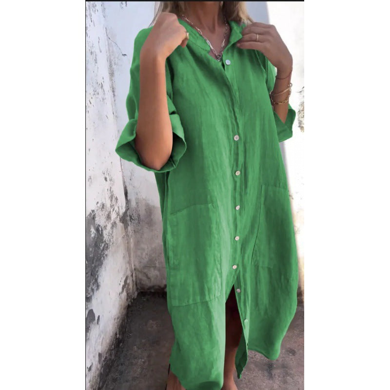 Lässiges Baumwoll-Leinen Shirtkleid mit Dreiviertelärmeln