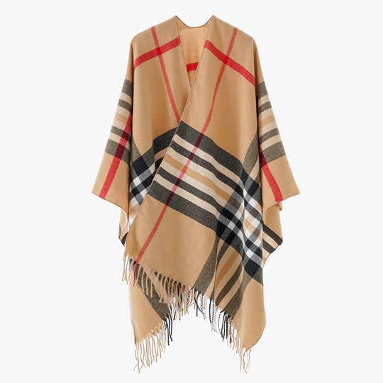 Damen Karierter Wollmix-Poncho mit Fransen und offenem Kimono-Schnitt Shop Nory