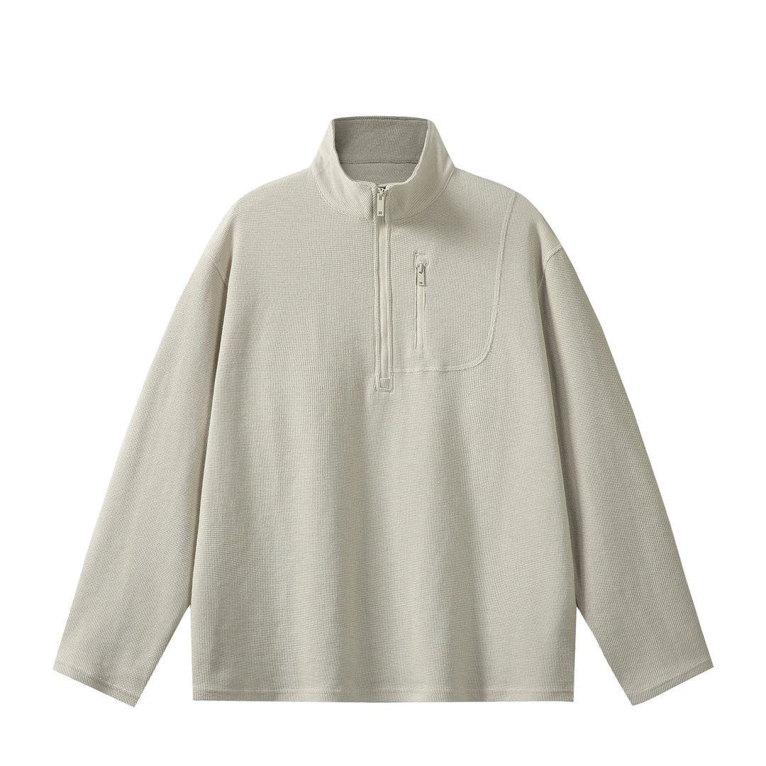 Unisex Leichter Waffelstrick-Halbzip-Pullover mit Stehkragen und Brustzippertasche Shop Nory