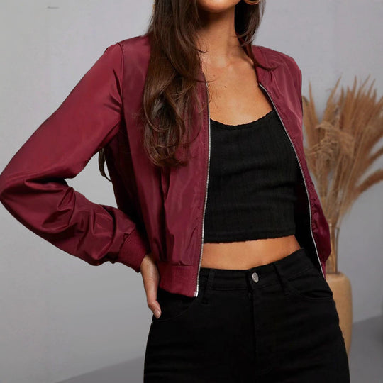 Damen Cropped Bomberjacke aus Satinoptik mit Ärmeltasche und elastischem Saum Shop Nory
