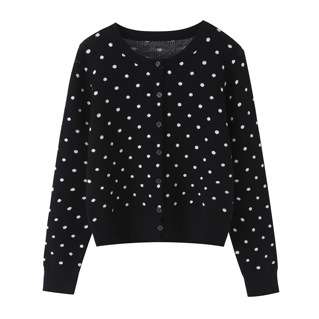 Damen Kurz geschnittene fein gestrickte Cardigan mit Rundhalsausschnitt, Knopfleiste und Allover‑Punktmuster Shop Nory