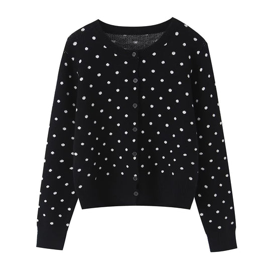 Damen Kurz geschnittene fein gestrickte Cardigan mit Rundhalsausschnitt, Knopfleiste und Allover‑Punktmuster Shop Nory