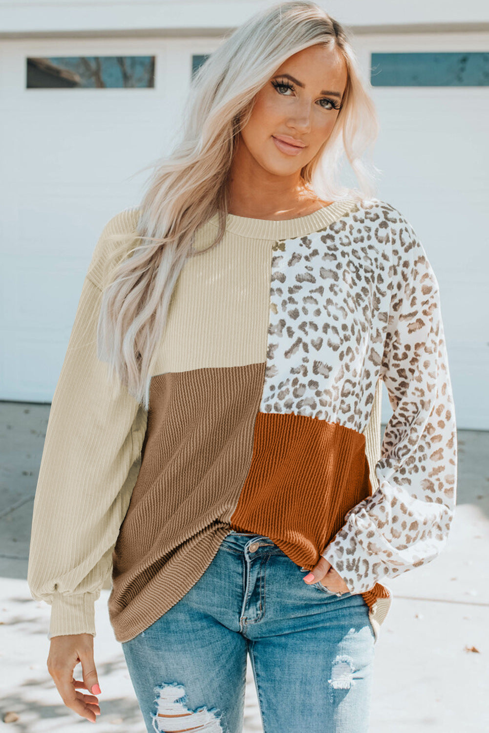 Damen Patchwork-Strickpullover mit Leopardenmuster, Rippstruktur und Ballonärmeln Shop Nory