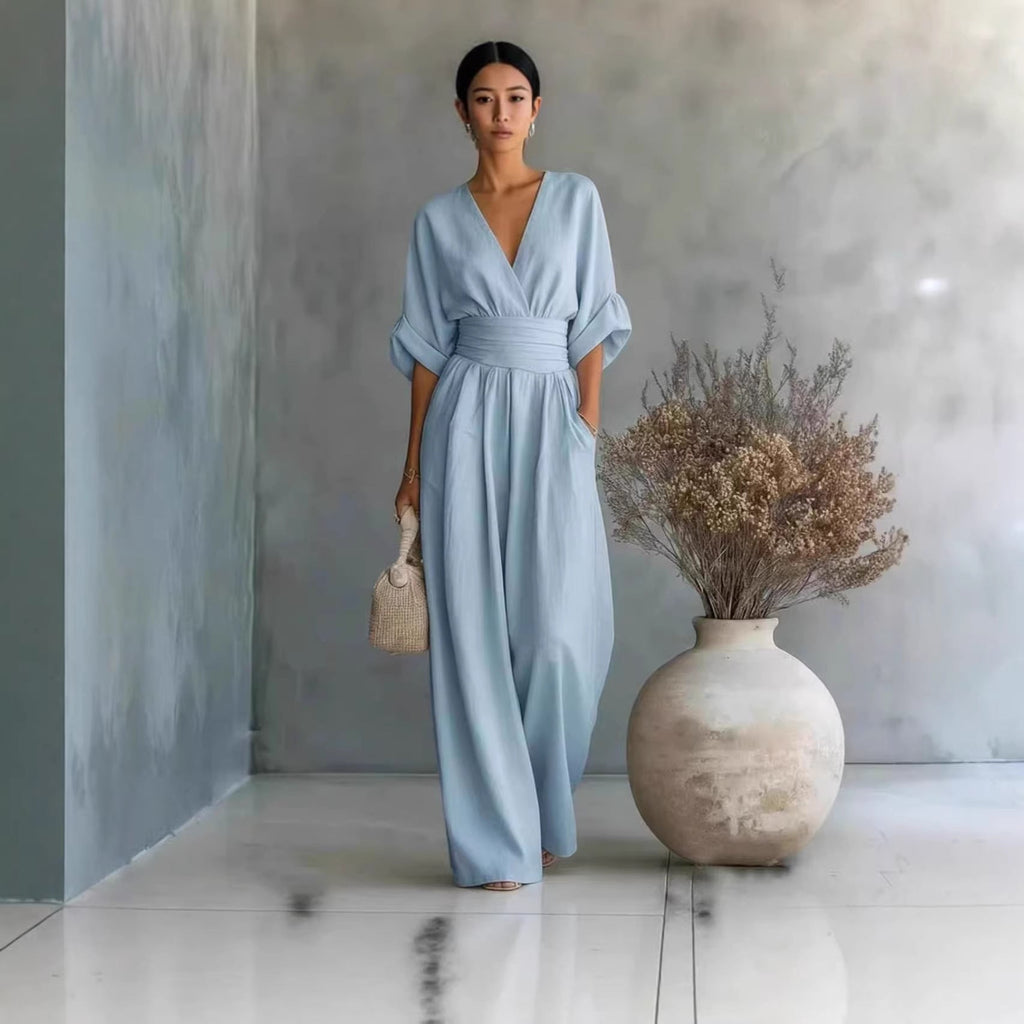 Damen Jumpsuit mit elegantem V-Ausschnitt und weitem Bein R&B