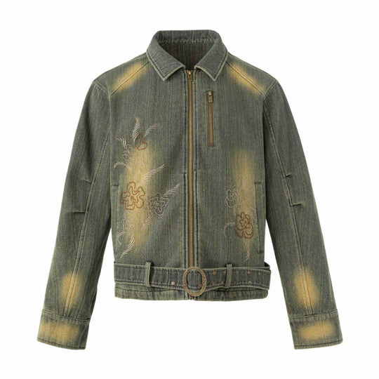 Unisex Kurz geschnittene Denimjacke mit Stickerei, Taillengürtel und Frontreißverschluss Shop Nory