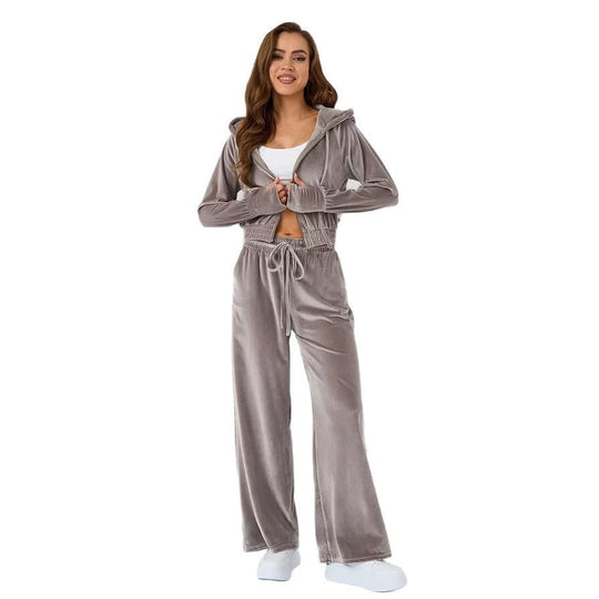 Damen luxuriöses Velours-Lounge-Set mit kurzem Reißverschluss-Hoodie und weitem Comfort-Hose Shop Nory