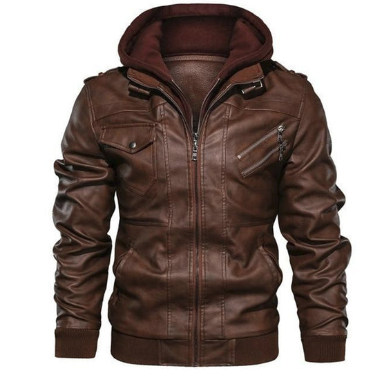 Herren Kunstleder-Bomberjacke mit Kapuzen-Inlay, Mehrfach-Reißverschlusstaschen und Rippbündchen Shop Nory