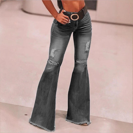 Damen Hochtaillierte Flared-Jeans mit Knie-Rissen, Fransen-Saum und ausgestelltem Bein Shop Nory