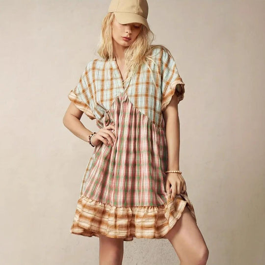 Damen lässiges Tunika-Kleid im karierter Muster mit voluminösem Saum