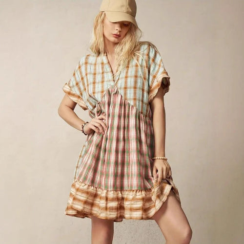 Damen lässiges Tunika-Kleid im karierter Muster mit voluminösem Saum