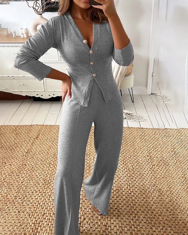Damen Feines Strick-Set mit tailliertem Knopf-Cardigan und weitem Palazzo-Hose Shop Nory