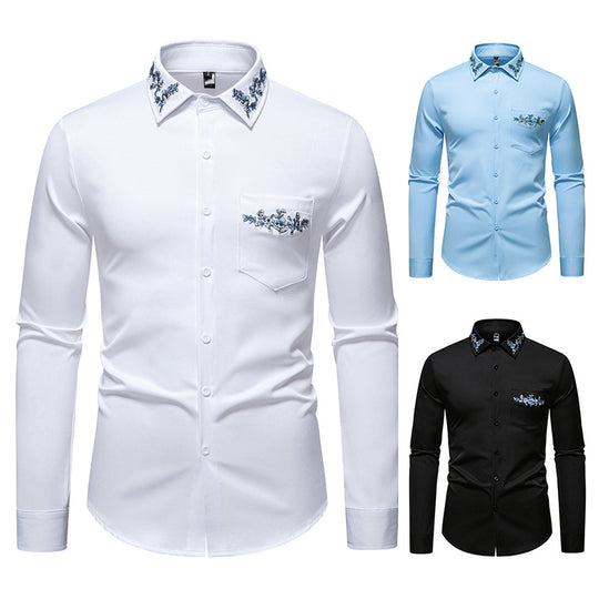 Herren Elegantes Slim-Fit Hemd mit floraler Stickerei am Kragen und aufgesetzter Brusttasche Shop Nory