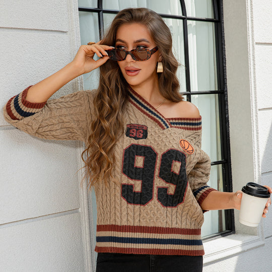 Damen Schräg ausgeschnittener Zopfstrick-Pullover im College‑Look Shop Nory
