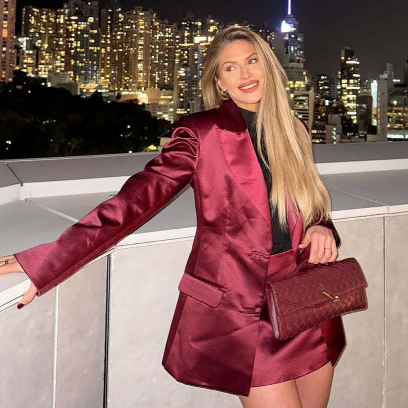 Damen eleganter Satin Blazer mit passendem Minirock Shopnory