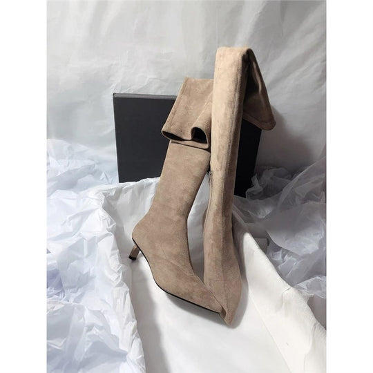Damen Kniestiefel mit Umschlagschaft, spitzer Zehenform und Kitten‑Absatz Shop Nory