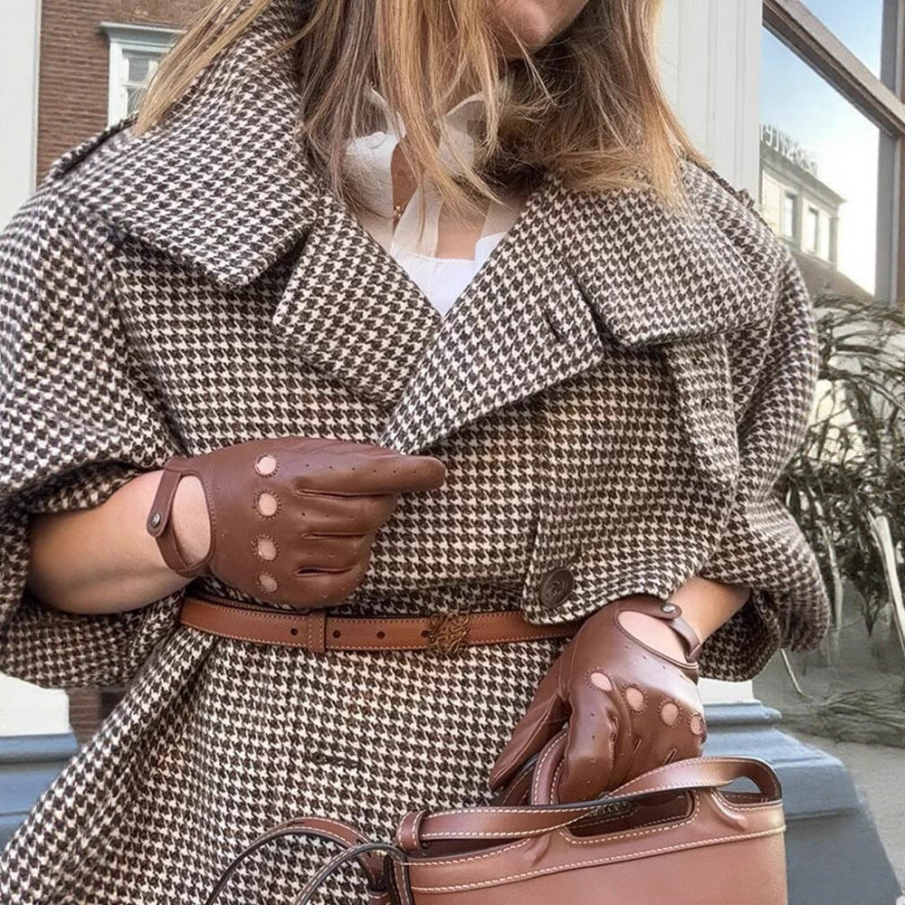 Damen Oversize-Trenchcoat mit Hahnentritt-Muster, hohem Stehkragen und Schulterklappen Shop Nory