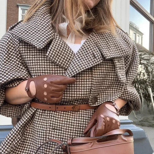Damen Oversize-Trenchcoat mit Hahnentritt-Muster, hohem Stehkragen und Schulterklappen Shop Nory