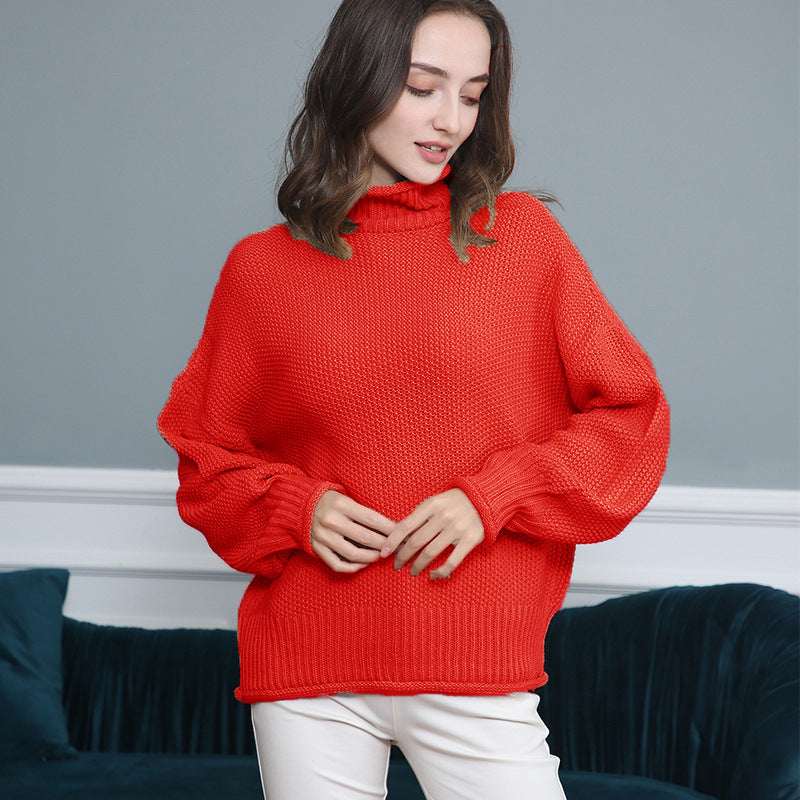 Damen Grobgestrickter Rollkragenpullover mit Ballonärmeln Shop Nory