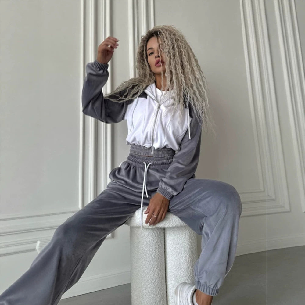 Damen kurz geschnittenes Samt-Trainingsset mit tailliertem Reißverschluss-Hoodie und weit geschnittener hochtaillierter Loungehose Shop Nory