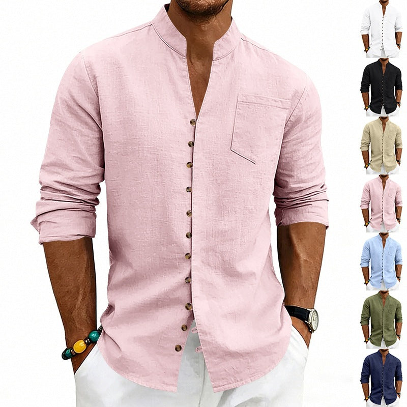 Herren Hemd mit Stehkragen und asymmetrischer Knopfleiste aus Leinenmix Shop Nory