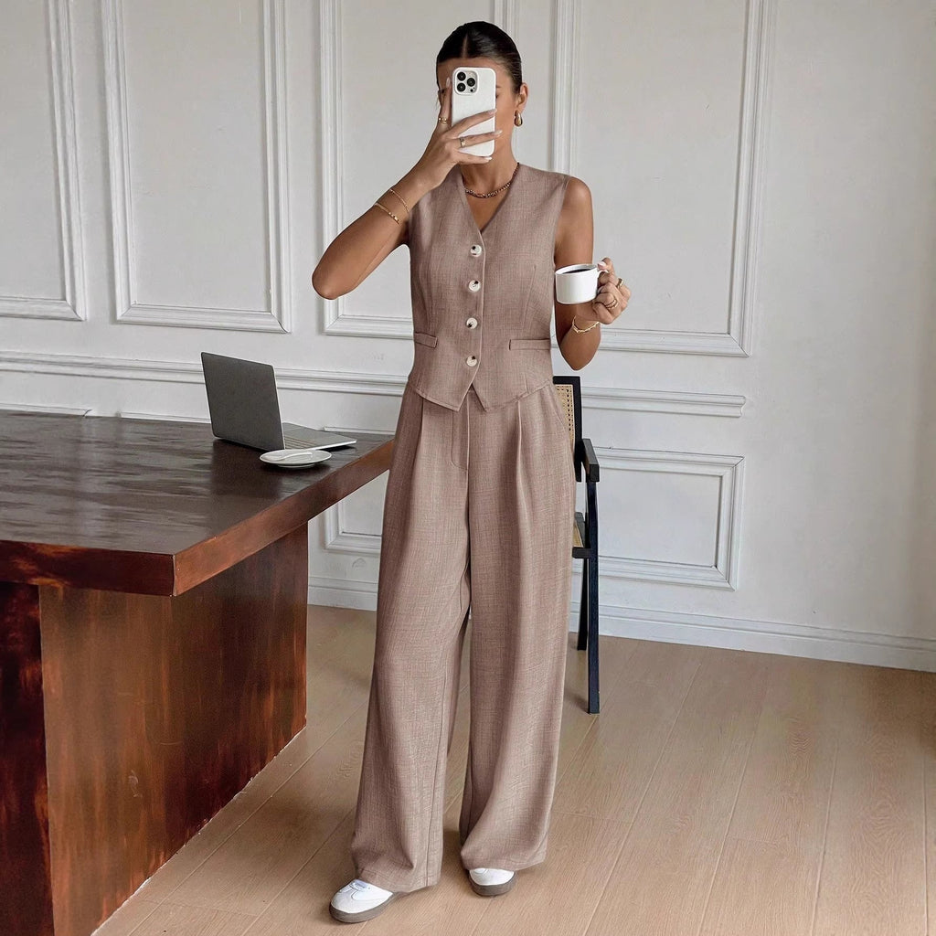 Damen Eleganter Anzug mit ärmellosem Blazer und weiten Hosen Shopnory