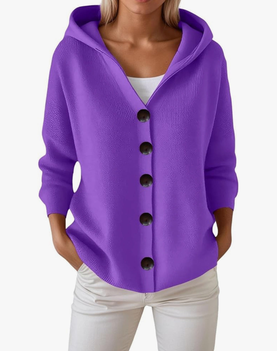 Damen Kapuzen-Strickjacke mit großen Holzknöpfen und seitlichen Eingrifftaschen Shop Nory