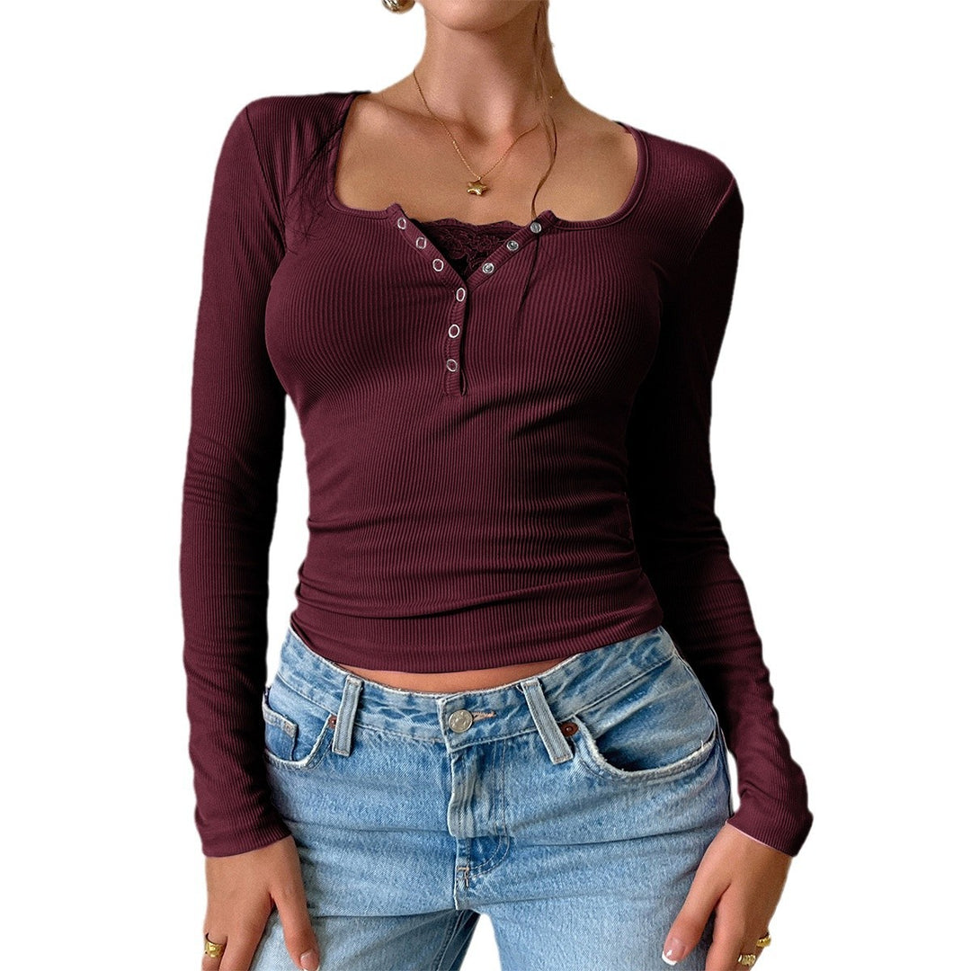 Damen nan geripptes Henley-Longsleeve mit Spitzen-Cami-Einsatz und taillierter Passform Shop Nory